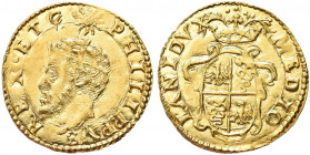 MILANO. Filippo II di Spagna, Duca di Milano, 1556-1598.
Scudo d’oro del sole. Au gr. 3,31
Dr. PHILIPPVS - REX ETC. Testa radiata a s.; sopra, sole....
