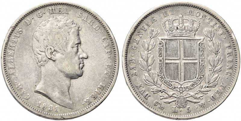 REGNO DI SARDEGNA. Carlo Alberto, 1831-1849.
5 Lire 1831 Genova, I° Tipo, croce...