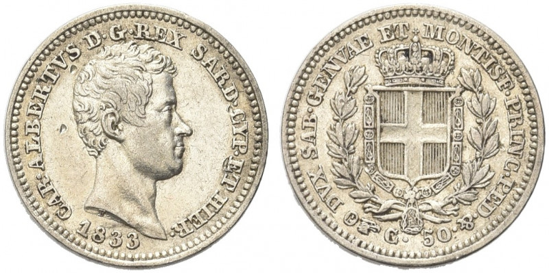 REGNO DI SARDEGNA. Carlo Alberto, 1831-1849.
50 Centesimi 1833 Torino. Ag 
Dr....