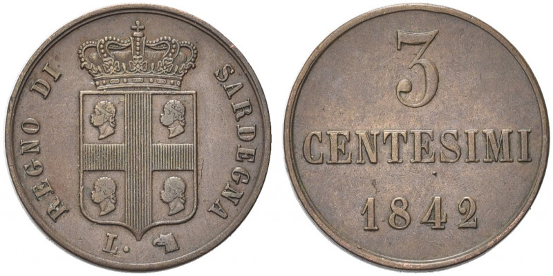 REGNO DI SARDEGNA. Carlo Alberto, 1831-1849.
3 Centesimi 1842 Torino. Cu 
Dr. ...