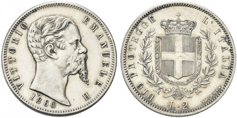 RE ELETTO. Vittorio Emanuele II, 1859-1861.
2 Lire 1860 Bologna. Ag 
Dr. Testa...