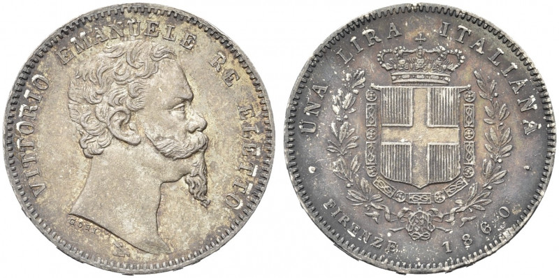 RE ELETTO. Vittorio Emanuele II, 1859-1861.
Lira 1860 Firenze, I° Tipo. Ag 
Dr...