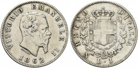 REGNO D’ITALIA. Vittorio Emanuele II, 1861-1878.
Lira 1862 Napoli, I° Tipo. Ag 
Dr. Testa del sorvano rivolta a d.
Rv. Stemma sabaudo crociato sorm...
