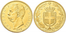 REGNO D’ITALIA. Umberto I, 1878-1900.
100 Lire 1882 Roma. Au 
Dr. Testa del sovrano rivolta a s.
Rv. Stemma sabaudo crociato sormontato da corona d...