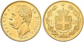 REGNO D’ITALIA. Umberto I, 1878-1900.
50 Lire 1888 Roma. Au 
Dr. Testa del sovrano rivolta a s.
Rv. Stemma sabaudo crociato sormontato da corona da...