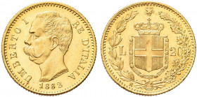 REGNO D’ITALIA. Umberto I, 1878-1900.
20 Lire 1882 Roma, 1 rovesciato ribattuto su 1. Au 
Dr. Testa del sovrano rivolta a s.
Rv. Stemma sabaudo cro...