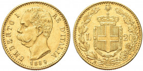 REGNO D’ITALIA. Umberto I, 1878-1900.
20 Lire 1889 Roma. Au 
Dr. Testa del sovrano rivolta a s.
Rv. Stemma sabaudo crociato sormontato da corona da...