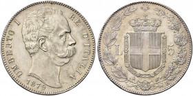 REGNO D’ITALIA. Umberto I, 1878-1900.
5 Lire 1879 Roma, II° Tipo. Ag 
Dr. Testa del sovrano rivolta a d.
Rv. Stemma sabaudo crociato sormontato da ...