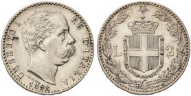 REGNO D’ITALIA. Umberto I, 1878-1900.
2 Lire 1898 Roma, II° Tipo. Ag 
Dr. Testa del sovrano rivolta a d.
Rv. Stemma sabaudo crociato sormontato da ...