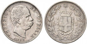 REGNO D’ITALIA. Umberto I, 1878-1900.
Lira 1892 Roma. Ag 
Dr. Testa del sovrano rivolta a d.
Rv. Stemma sabaudo crociato sormontato da corona da cu...