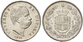 REGNO D’ITALIA. Umberto I, 1878-1900.
Lira 1899 Roma. Ag 
Dr. Testa del sovrano rivolta a d.
Rv. Stemma sabaudo crociato sormontato da corona da cu...