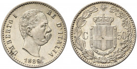 REGNO D’ITALIA. Umberto I, 1878-1900.
50 Centesimi 1889 Roma. Ag 
Dr. Testa del sovrano rivolta a d.
Rv. Stemma sabaudo crociato sormontato da coro...