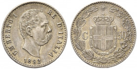 REGNO D’ITALIA. Umberto I, 1878-1900.
50 Centesimi 1892 Roma. Ag 
Dr. Testa del sovrano rivolta a d.
Rv. Stemma sabaudo crociato sormontato da coro...