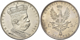 COLONIA ERITREA. Umberto I, 1890-1896.
5 Lire (Tallero) 1891 Roma. Ag 
Dr. Semibusto del sovrano in uniforme, con testa coronata rivolta a d.


R...