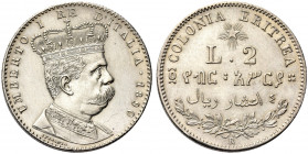 COLONIA ERITREA. Umberto I, 1890-1896.
2 Lire 1890 Roma. Ag 
Dr. Busto a d., in uniforme, con corona.
Rv. Su due righe, L 2 e valore espresso in am...