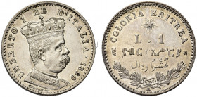 COLONIA ERITREA. Umberto I, 1890-1896.
Lira 1890 Roma. Ag 
Dr. Busto a d., in uniforme, con corona.

Rv. Su due righe, L 1 e valore espresso in am...