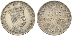 COLONIA ERITREA. Umberto I, 1890-1896.
50 Centesimi 1890 Milano. Ag 
Dr. Busto a d., in uniforme, con corona.



Rv. Su due righe, C 50 e valore...
