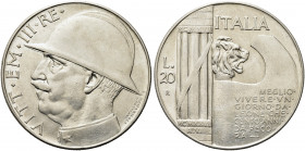REGNO D’ITALIA. Vittorio Emanuele III, 1900-1943.
20 Lire 1928 a. VI Roma, Elmetto. Ag 
Dr. Semibusto del sovrano in uniforme, con testa coperta da ...