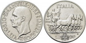 REGNO D’ITALIA. Vittorio Emanuele III, 1900-1943.
20 Lire 1936 a. XIV Roma, Quadriga Impero. Ag 
Dr. Testa del sorvrano rivolta a s. 
Rv. Quattro c...