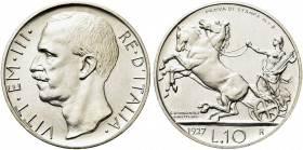 REGNO D’ITALIA. Vittorio Emanuele III, 1900-1943.
10 Lire 1927 due rosette Roma, Biga PROVA DI STAMPA M.I.B. Ag gr. 10 mm. 27
Dr. Testa del sovrano ...