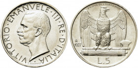 REGNO D’ITALIA. Vittorio Emanuele III, 1900-1943.
5 Lire 1927 Roma, Aquilino PROVA DI STAMPA M.I.B. Ag gr. 4,98 mm. 23
Dr. Testa del sovrano rivolta...