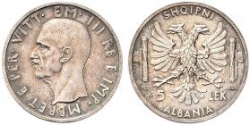 REGNO D’ALBANIA. Vittorio Emanuele III, 1939-1943.
5 Lek 1939 a. XVII Roma PROVA. Ag 
Dr. Testa del sovrano rivolta a s.
Rv. Aquila araldica bicipi...