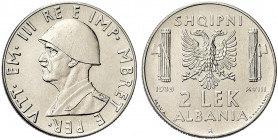 REGNO D’ALBANIA. Vittorio Emanuele III, 1939-1943.
2 Lek 1939 a. XVIII Roma PROVA. Ac 
Dr. Testa del sovrano rivolta a s.
Rv. Aquila araldica bicip...