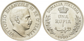 COLONIA SOMALA. Vittorio Emanuele III, 1909-1925.
Rupia 1910 Roma PROVA. Ag 
Dr. Testa scoperta del sovrano rivolta a d.

Rv. Al centro, su più ri...