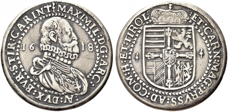 AUSTRIA. Massimiliano Arciduca, 1612-1618.
Tallero 1618, Hall. Ag gr. 27,43
Dr...