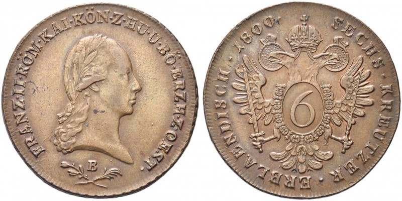 AUSTRIA. Francesco II, 1792-1806.
6 Kreuzer 1800 B, Kremnica. Cu gr. 13,06
Dr....