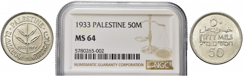 PALESTINA. Mandato Britannico.
50 Mils 1933. Ag 
KM#6.
q. FDC - MS64 - NGC