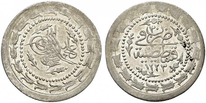 TURCHIA. Mahmud II, 1808-1839.
3 Kurush 1223 (1834). Ag gr. 6,05
Dr. Toughra a...