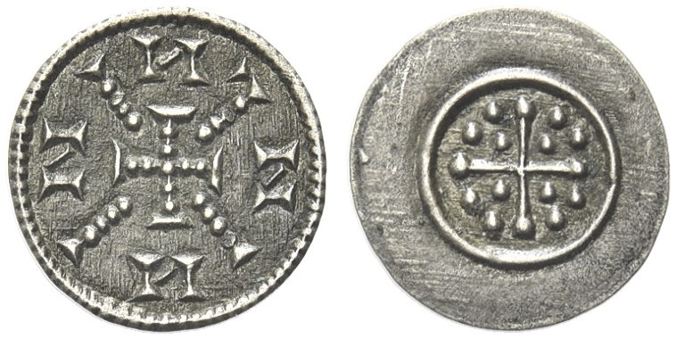 UNGHERIA. Géz, 1141 -1162.
Denaro. Ag gr. 0,22
Dr. Crocetta incrociata con pal...