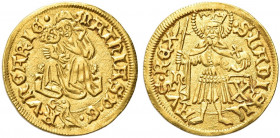 UNGHERIA. Mattia Corvino, 1458-1490.
Fiorino. Au gr. 3,57
Dr. MAThIAS D G (corvo) R VNGARIE. Madonna in trono.
 Rv. S LADISL - AVS REX. San Ladisla...