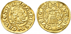 UNGHERIA. Mattia Corvino, 1458-1490.
Fiorino. Au gr. 3,41
Dr. MAThIAS D G (corvo) R VNGARIE. Madonna in trono.
 Rv. S LADISL - AVS REX. San Ladisla...