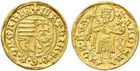 UNGHERIA. Mattia Corvino, 1458-1490.
Fiorino. Au gr. 3,54
Dr. MAThIAS D G R VNGARIE. Scudo inquartato con leone d'Ungheria, corvo della casata Hunya...