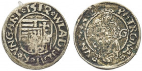 UNGHERIA. Wladislao II, 1490-1516.
Denaro 1512. Ag gr. 0,54
Dr. Scudo d’Ungheria.
Rv. Madonna in trono.
q. BB