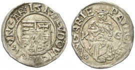UNGHERIA. Ludovico II, 1516-1526.
Denaro 1517. Ag gr. 0,58
Dr. Scudo d’Ungheria.
Rv. Madonna in trono.
q. SPL