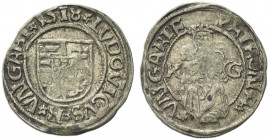 UNGHERIA. Ludovico II, 1516-1526.
Denaro 1518. Ag gr. 0,55
Dr. Scudo d’Ungheria.
Rv. Madonna in trono.
BB