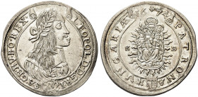 UNGHERIA. Leopoldo I, 1657-1705.
15 kreuzer 1674 KB. Ag gr. 6,20
Dr. Busto di Leopoldo I in armatura a d.
Rv. Madonna col bambino in trono frontalm...