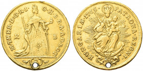 UNGHERIA. Maria Teresa d'Asburgo, 1740-1780.
2 ducati 1765 KB. Au gr. 6,80
Dr. M THER D G R I - G H B R A A D B C T. Maria Teresa coronata stante ve...