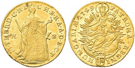 UNGHERIA. Maria Teresa d'Asburgo, 1740-1780.
Ducato 1749 KB. Au gr. 3,45
Dr. M THER D G R I - G H B R A A D B C T. Maria Teresa coronata stante vers...