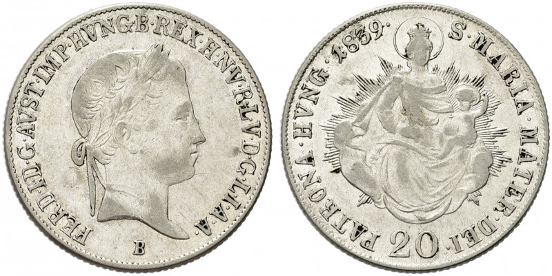 UNGHERIA. Ferdinando I, 1835-1848.
20 Kreuzer 1839 B. Ag gr. 6,64
Dr. FERD II ...