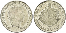 UNGHERIA. Ferdinando I, 1835-1848.
20 Kreuzer 1840 B. Ag gr. 6,64
Dr. FERD II AVSY IMP HVNG B REX H NV R L V D G L I A A. Busto a d.
Rv. S MARIA MA...