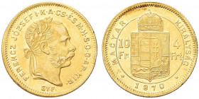 UNGHERIA. Francesco Giuseppe I d'Asburgo Lorena, 1848-1916.
10 Franchi 1870 GYF. AU gr. 3,21
Dr. Testa a d., con corona d'alloro. 
Rv. Stemma coron...