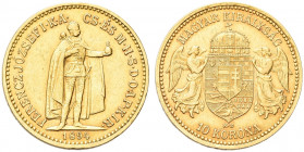 UNGHERIA. Francesco Giuseppe I d'Asburgo Lorena, 1848-1916.
10 Korona 1894 KB. AU gr. 3,37
Dr. Francesco Giuseppe stante a d. tiene uno scettro con ...