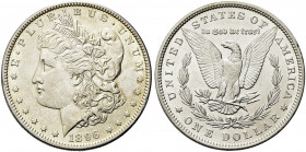 USA. Federazione.
Dollaro 1896 (Philadelphia). Ag gr. 26,66
Dr. Testa muliebre diademata a s., con berretto frigio.
Rv. Aquila ad ali spiegate su f...