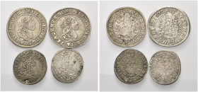 UNGHERIA. Leopoldo I, 1657-1705 e Giuseppe I, 1705 - 1711.
Lotto di 4 monete, si segnala: 6 kreuzer 1671, 6 kreuzer 1672 KB, 3 kreuzer 1696 CH e 3 kr...