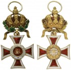  MINIATUREN   ÖSTERREICH   Leopoldsorden   (D) Ordenskreuz mit KD, ältere Ausführung. Gold emailliert, ungarisch nachpunziert, mit großer, außen email...