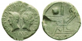 Julius Caesar et Octave
Dupondius, Gaule, Lugdunum, (Lyon), 36 av. JC, AE 17.15g.
Avers : IMP CAESAR DIVI F DIVI IVLI Tête d’Octave nue 